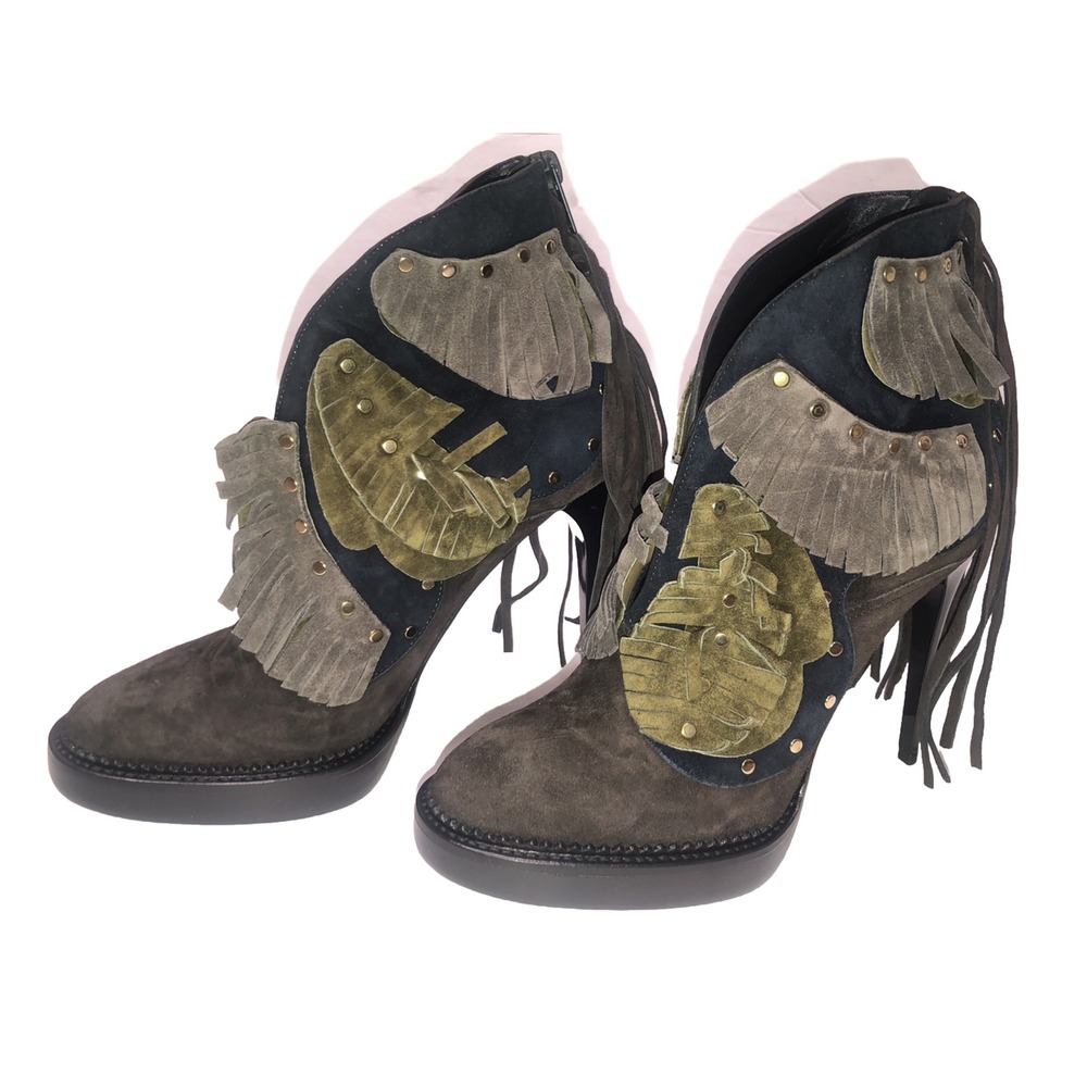 Burberry Boots Women's 9.5 Brown Suede Leaf Fringe Studs Ankle Runway 39.5 NEW - Picture 2 of 13